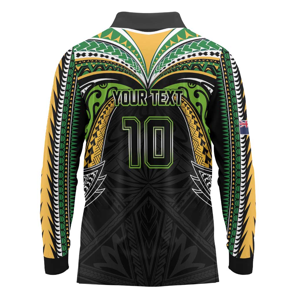 Custom Cook Islands Rugby League Long Sleeve Polo Shirt Tatau Tribal Motifs-Black Color - Polynesian Pride