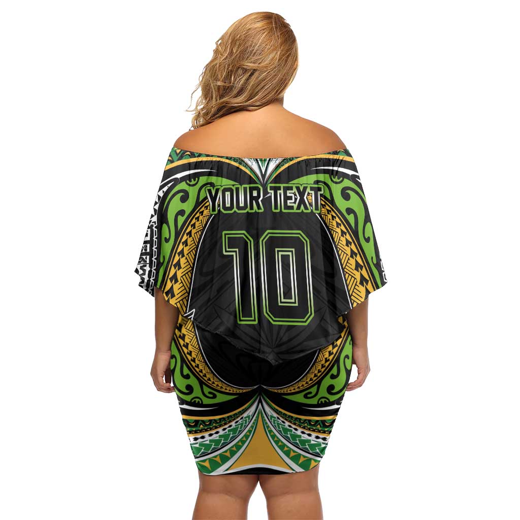 Custom Cook Islands Rugby League Off Shoulder Short Dress Tatau Tribal Motifs-Black Color - Polynesian Pride