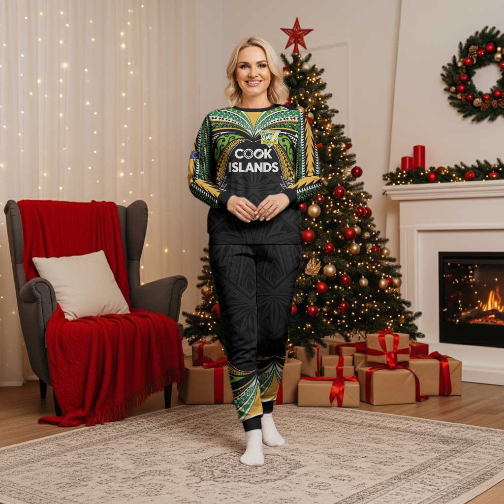 Custom Cook Islands Rugby League Christmas Pajama Set Tatau Tribal Motifs-Black Color - Polynesian Pride