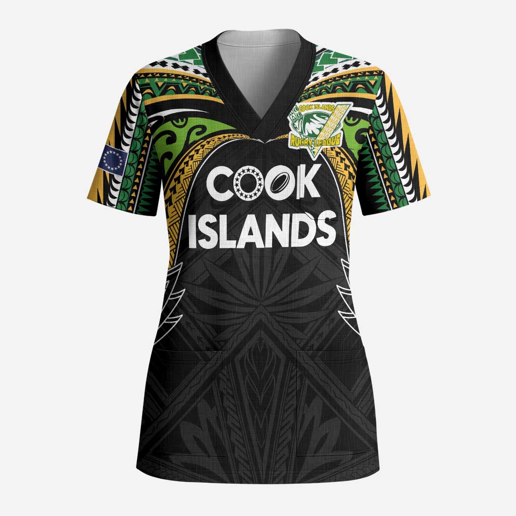 Custom Cook Islands Rugby League Scrub Top Tatau Tribal Motifs-Black Color - Polynesian Pride