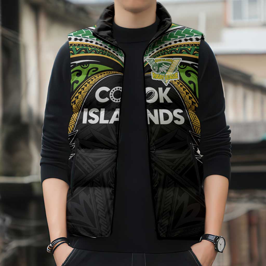 Custom Cook Islands Rugby League Sleeveless Puffer Jacket Tatau Tribal Motifs-Black Color - Polynesian Pride