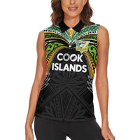 Custom Cook Islands Rugby League Women Sleeveless Polo Shirt Tatau Tribal Motifs-Black Color - Polynesian Pride