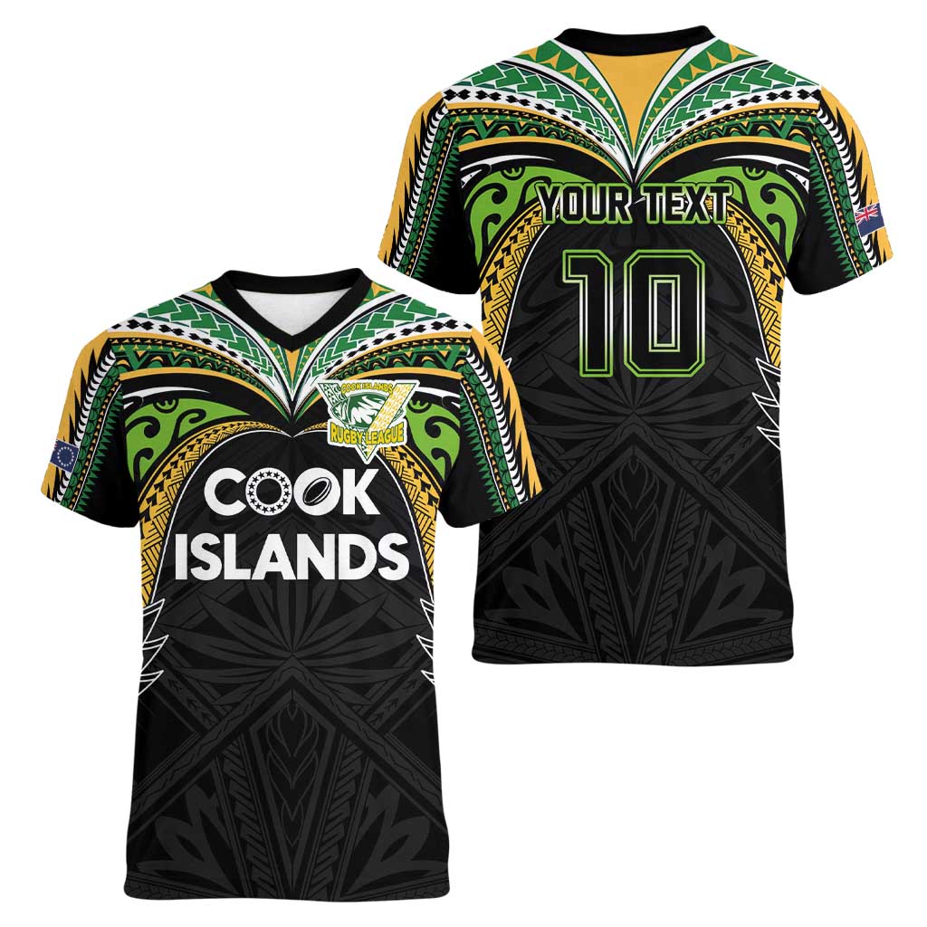 Custom Cook Islands Rugby League Women V-Neck T-Shirt Tatau Tribal Motifs-Black Color - Polynesian Pride