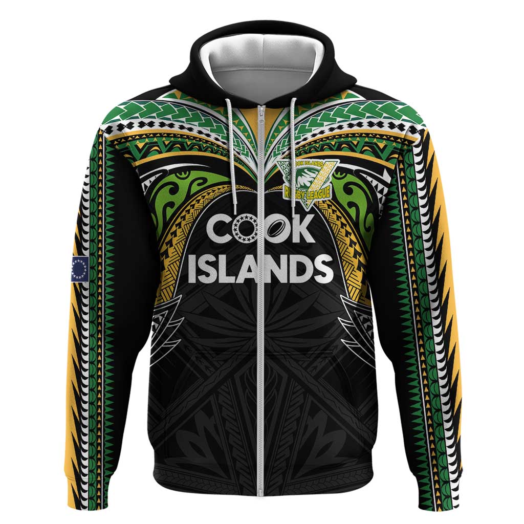 Custom Cook Islands Rugby League Zip Hoodie Tatau Tribal Motifs-Black Color - Polynesian Pride
