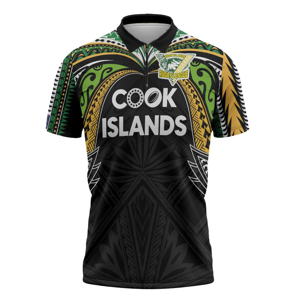 Custom Cook Islands Rugby League Zipper Polo Shirt Tatau Tribal Motifs-Black Color - Polynesian Pride