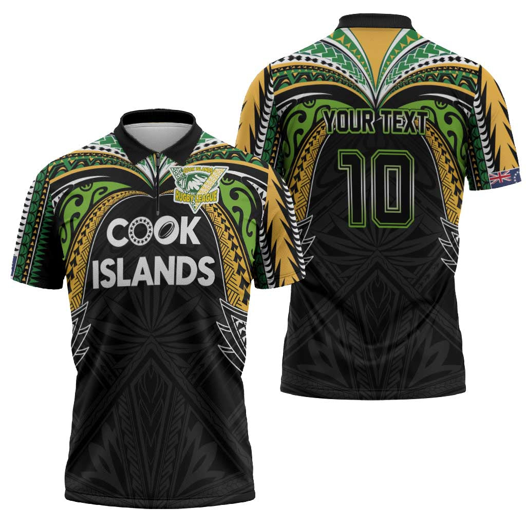 Custom Cook Islands Rugby League Zipper Polo Shirt Tatau Tribal Motifs-Black Color - Polynesian Pride