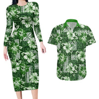 Hawaiian Quilt Pattern Couples Matching Long Sleeve Bodycon Dress and Hawaiian Shirt Hibiscus and Tribal Element Vintage Green Vibe LT03 Green - Polynesian Pride