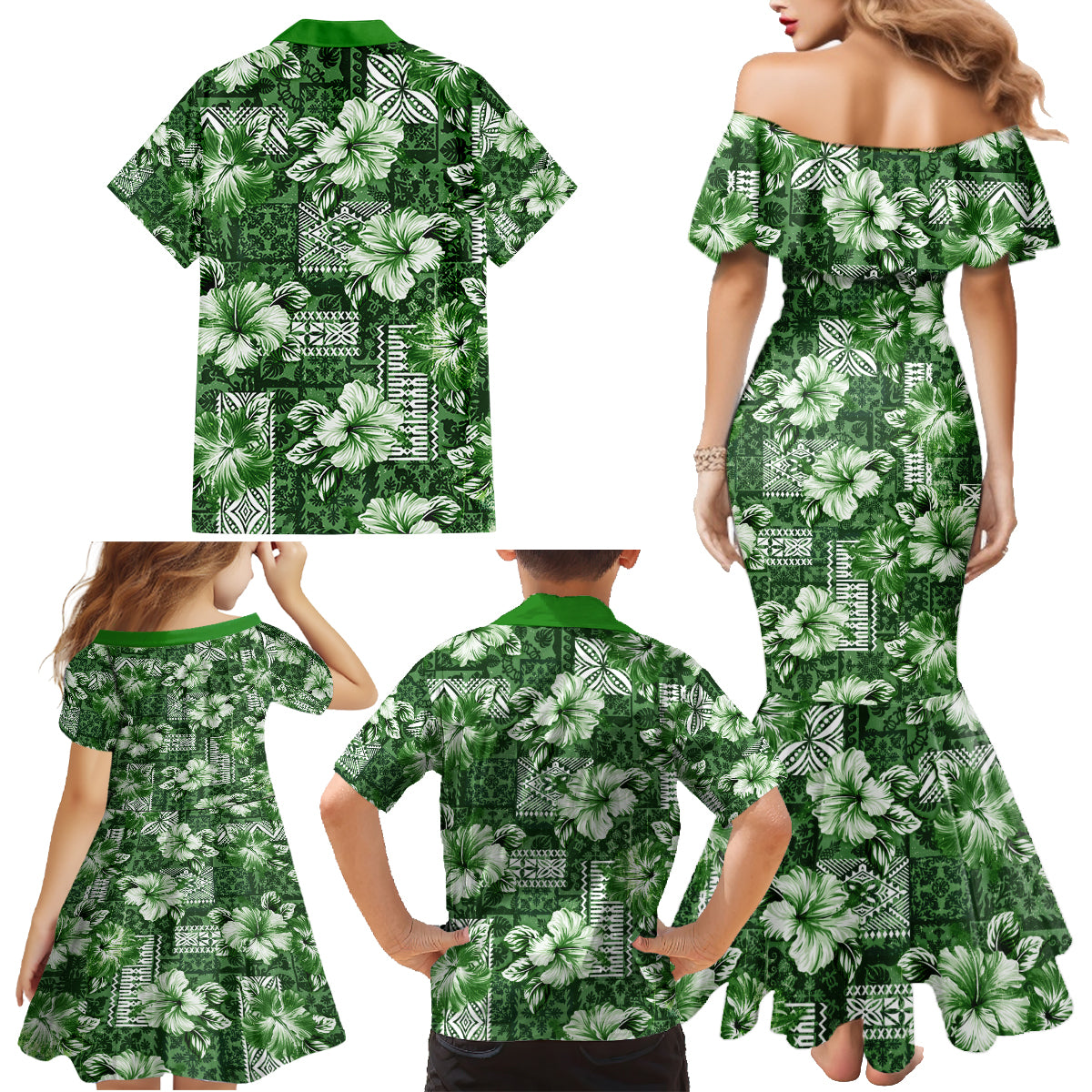 Hawaiian Quilt Pattern Family Matching Mermaid Dress and Hawaiian Shirt Hibiscus and Tribal Element Vintage Green Vibe LT03 - Polynesian Pride
