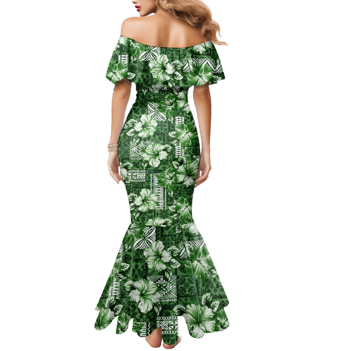 Hawaiian Quilt Pattern Family Matching Mermaid Dress and Hawaiian Shirt Hibiscus and Tribal Element Vintage Green Vibe LT03 - Polynesian Pride
