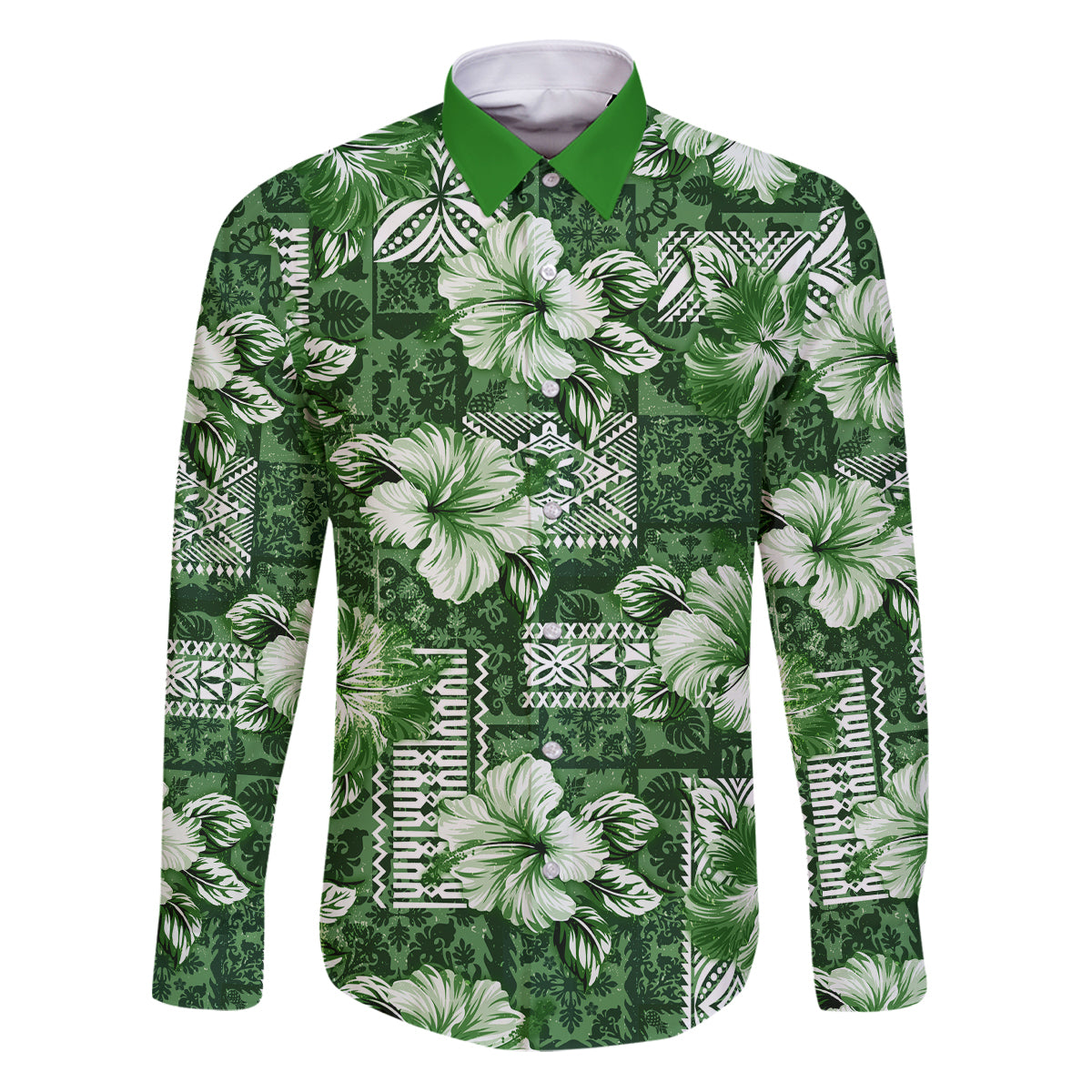 Hawaiian Quilt Pattern Family Matching Puletasi and Hawaiian Shirt Hibiscus and Tribal Element Vintage Green Vibe LT03 Dad's Shirt - Long Sleeve Green - Polynesian Pride