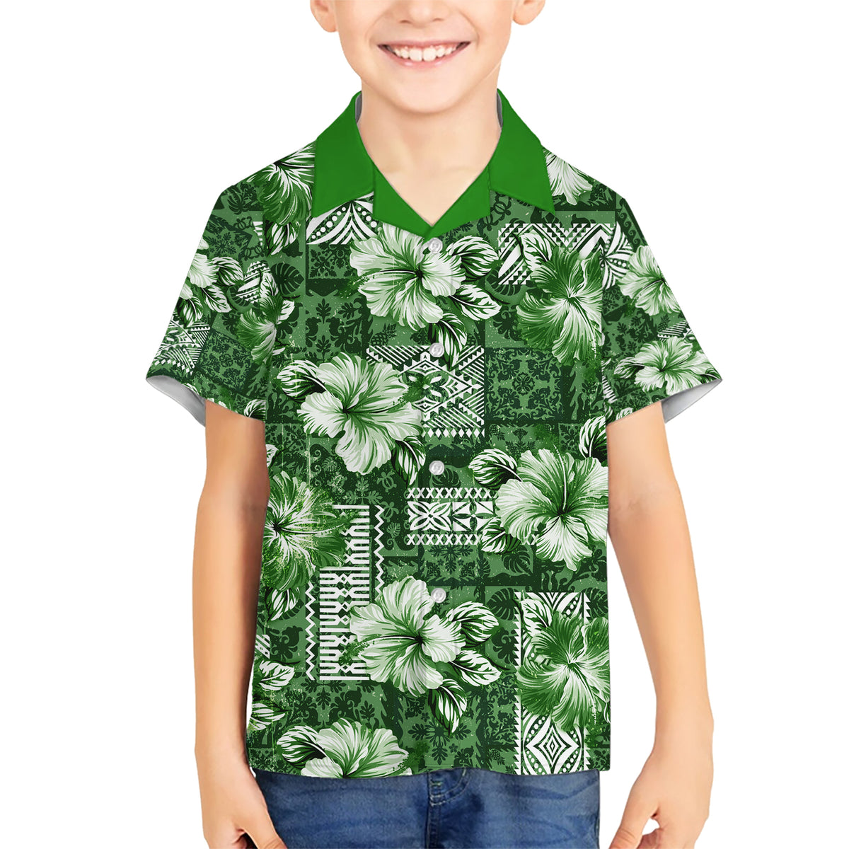Hawaiian Quilt Pattern Family Matching Short Sleeve Bodycon Dress and Hawaiian Shirt Hibiscus and Tribal Element Vintage Green Vibe LT03 Son's Shirt Green - Polynesian Pride