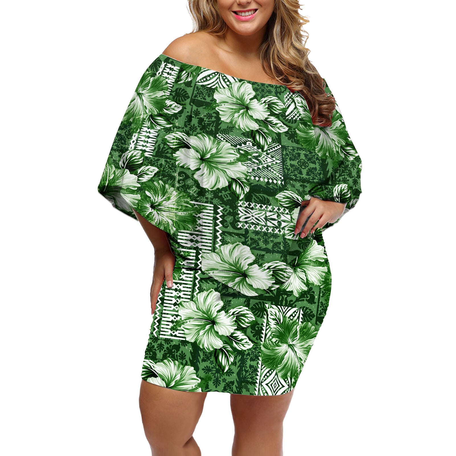 Hawaiian Quilt Pattern Off Shoulder Short Dress Hibiscus and Tribal Element Vintage Green Vibe LT03 Women Green - Polynesian Pride