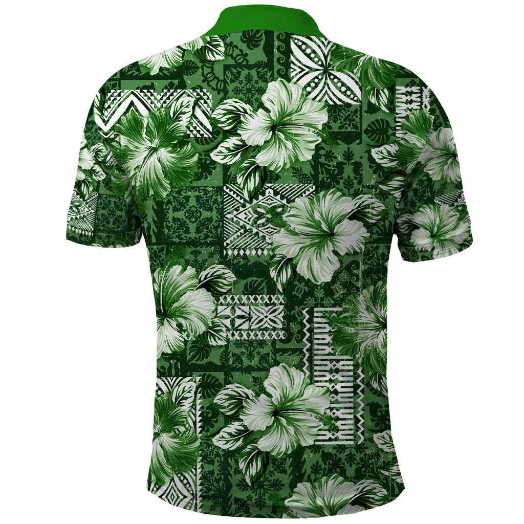 Hawaiian Quilt Pattern Polo Shirt Hibiscus and Tribal Element Vintage Green Vibe LT03 - Polynesian Pride