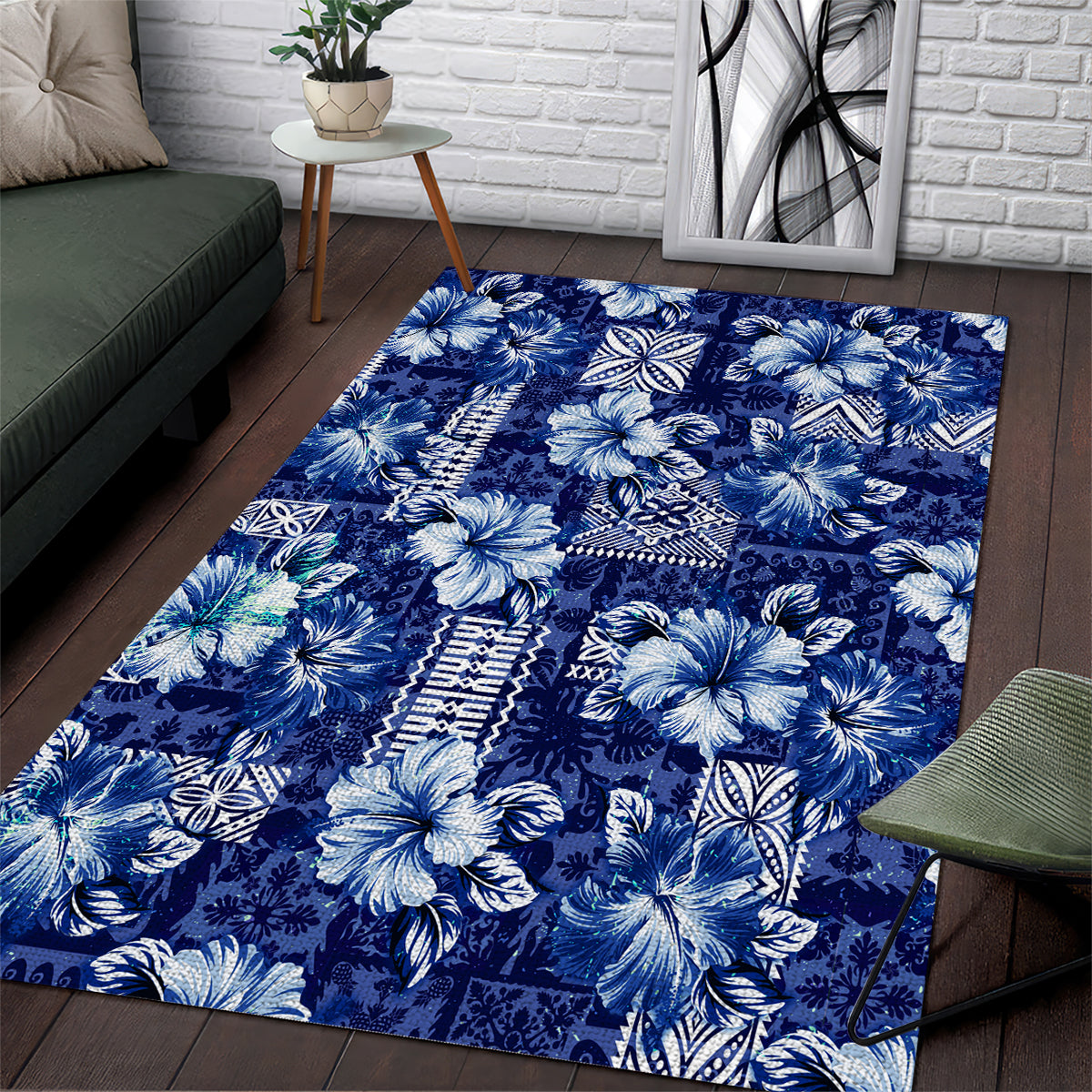 Hawaiian Quilt Pattern Area Rug Hibiscus and Tribal Element Vintage Blue Vibe LT03 Blue - Polynesian Pride