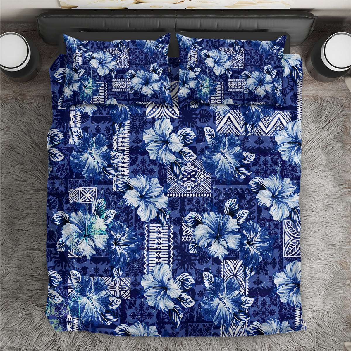 Hawaiian Quilt Pattern Bedding Set Hibiscus and Tribal Element Vintage Blue Vibe LT03 Blue - Polynesian Pride