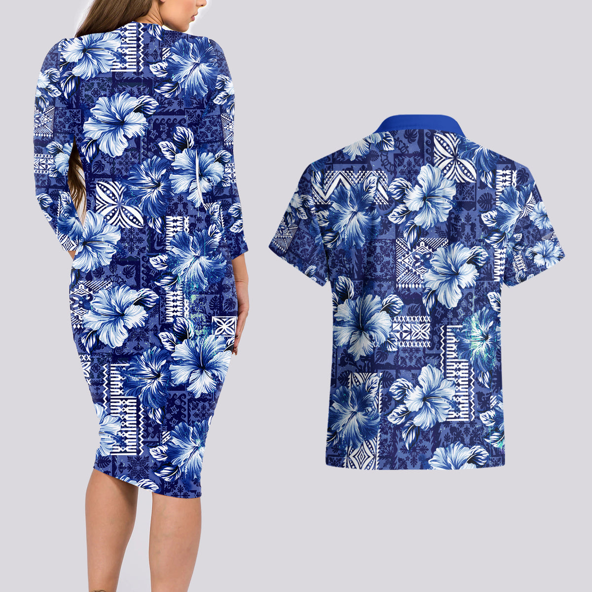 Hawaiian Quilt Pattern Couples Matching Long Sleeve Bodycon Dress and Hawaiian Shirt Hibiscus and Tribal Element Vintage Blue Vibe LT03 - Polynesian Pride