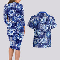 Hawaiian Quilt Pattern Couples Matching Long Sleeve Bodycon Dress and Hawaiian Shirt Hibiscus and Tribal Element Vintage Blue Vibe LT03 - Polynesian Pride