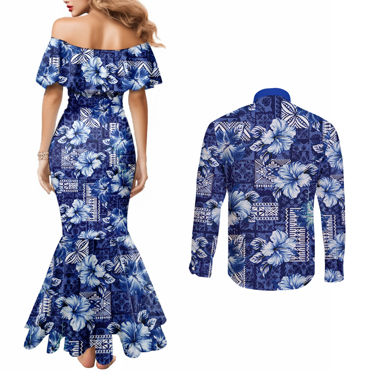 Hawaiian Quilt Pattern Couples Matching Mermaid Dress and Long Sleeve Button Shirt Hibiscus and Tribal Element Vintage Blue Vibe LT03 - Polynesian Pride