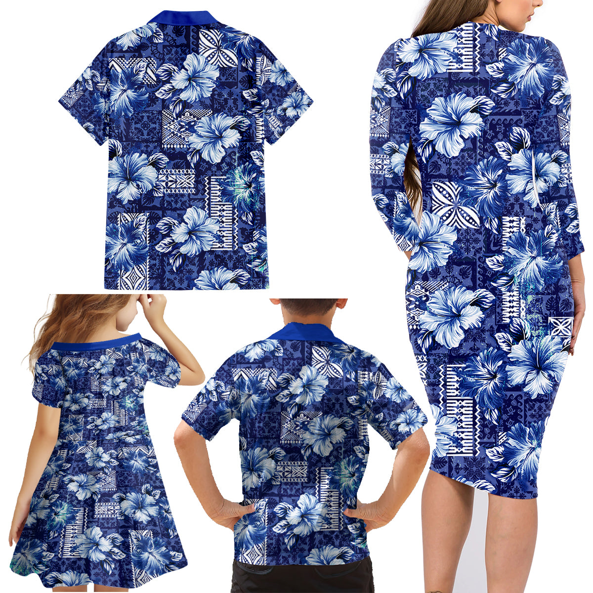 Hawaiian Quilt Pattern Family Matching Long Sleeve Bodycon Dress and Hawaiian Shirt Hibiscus and Tribal Element Vintage Blue Vibe LT03 - Polynesian Pride