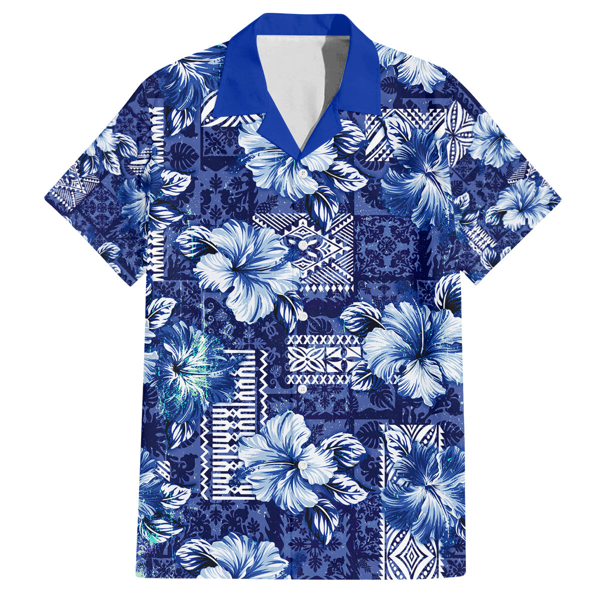 Hawaiian Quilt Pattern Family Matching Long Sleeve Bodycon Dress and Hawaiian Shirt Hibiscus and Tribal Element Vintage Blue Vibe LT03 Dad's Shirt - Short Sleeve Blue - Polynesian Pride