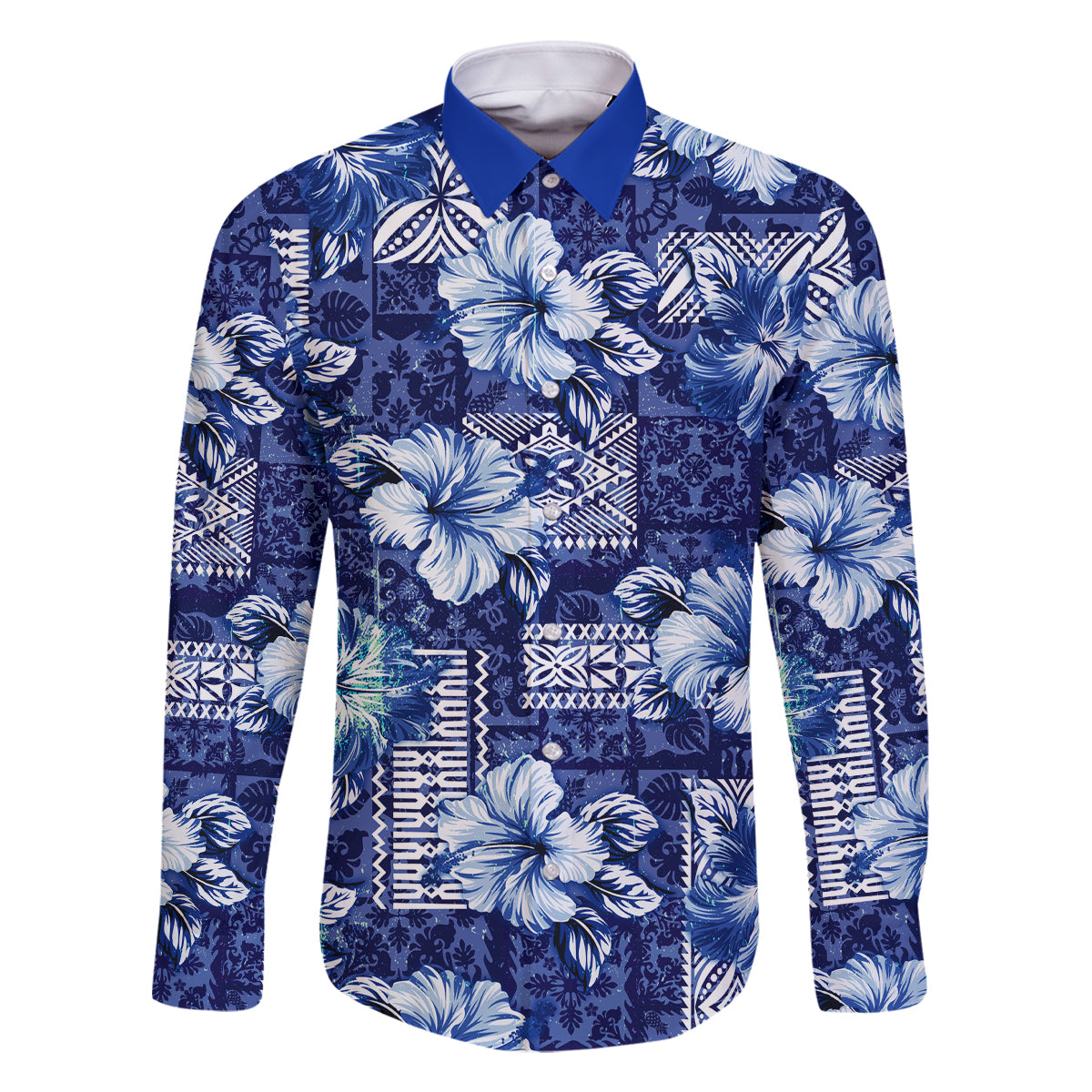 Hawaiian Quilt Pattern Family Matching Off Shoulder Long Sleeve Dress and Hawaiian Shirt Hibiscus and Tribal Element Vintage Blue Vibe LT03 Dad's Shirt - Long Sleeve Blue - Polynesian Pride