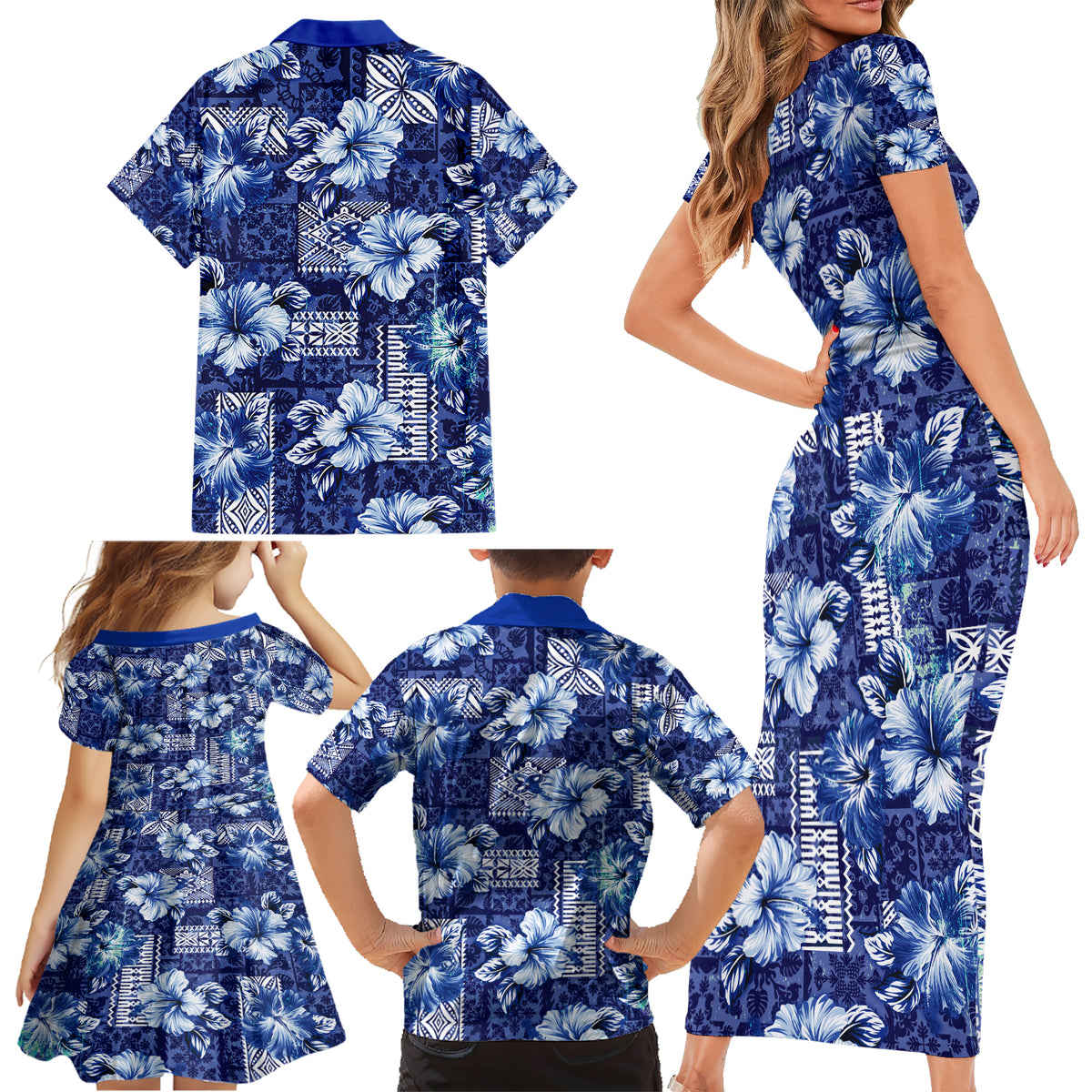 Hawaiian Quilt Pattern Family Matching Short Sleeve Bodycon Dress and Hawaiian Shirt Hibiscus and Tribal Element Vintage Blue Vibe LT03 - Polynesian Pride