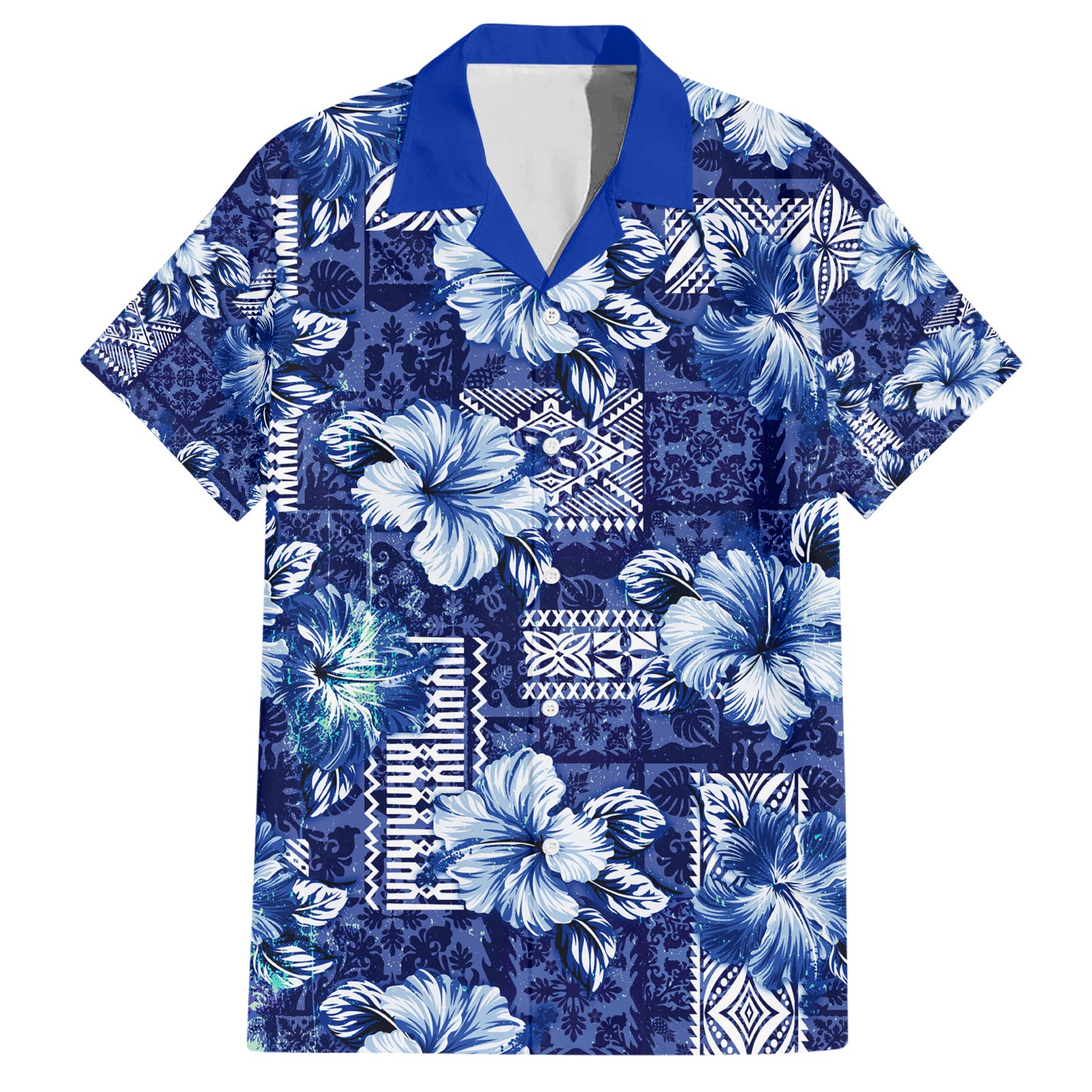 Hawaiian Quilt Pattern Hawaiian Shirt Hibiscus and Tribal Element Vintage Blue Vibe LT03 Blue - Polynesian Pride