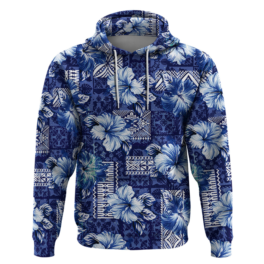 Hawaiian Quilt Pattern Hoodie Hibiscus and Tribal Element Vintage Blue Vibe LT03 Pullover Hoodie Blue - Polynesian Pride