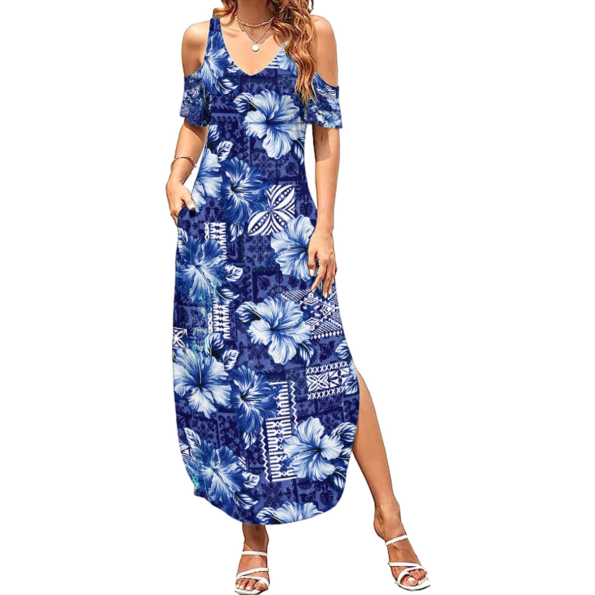 Hawaiian Quilt Pattern Summer Maxi Dress Hibiscus and Tribal Element Vintage Blue Vibe LT03 Women Blue - Polynesian Pride