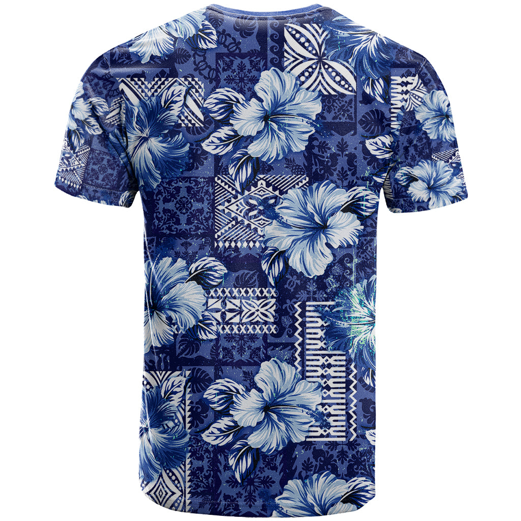 Hawaiian Quilt Pattern T Shirt Hibiscus and Tribal Element Vintage Blue Vibe LT03 - Polynesian Pride