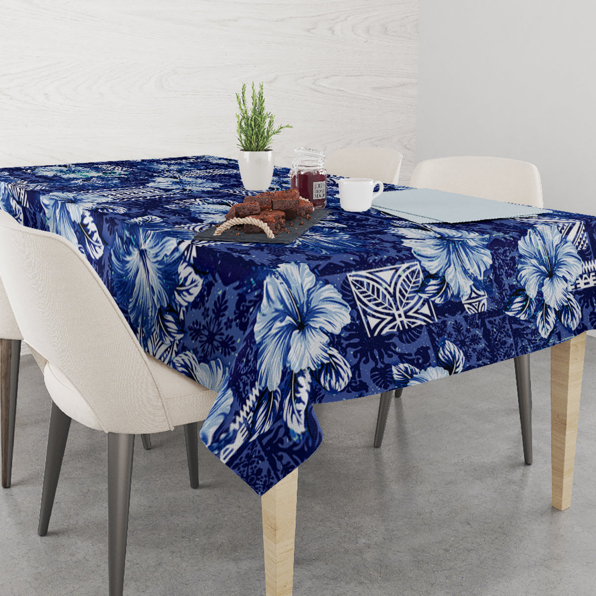 Hawaiian Quilt Pattern Tablecloth Hibiscus and Tribal Element Vintage Blue Vibe LT03 - Polynesian Pride