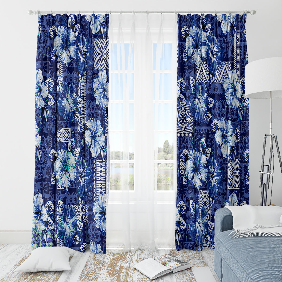 Hawaiian Quilt Pattern Window Curtain Hibiscus and Tribal Element Vintage Blue Vibe LT03 - Polynesian Pride