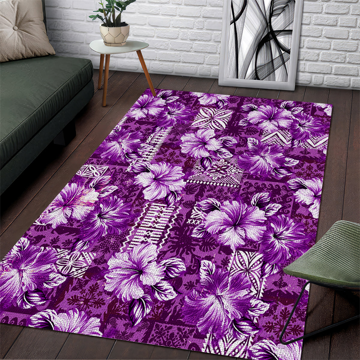 Hawaiian Quilt Pattern Area Rug Hibiscus and Tribal Element Vintage Purple Vibe LT03 Purple - Polynesian Pride