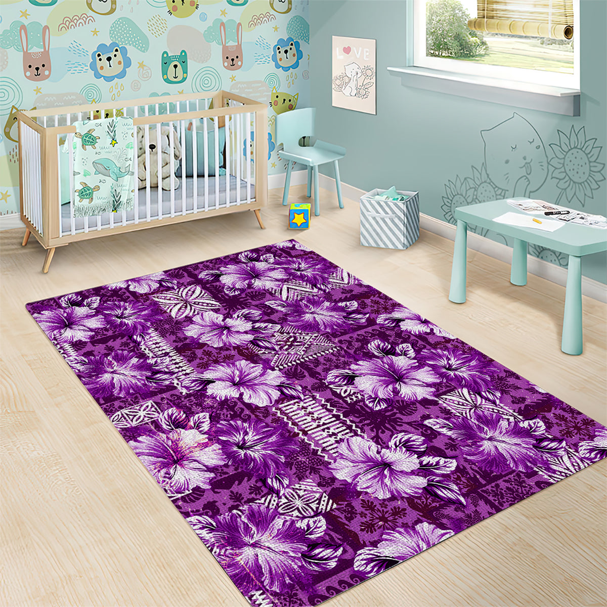 Hawaiian Quilt Pattern Area Rug Hibiscus and Tribal Element Vintage Purple Vibe LT03 - Polynesian Pride