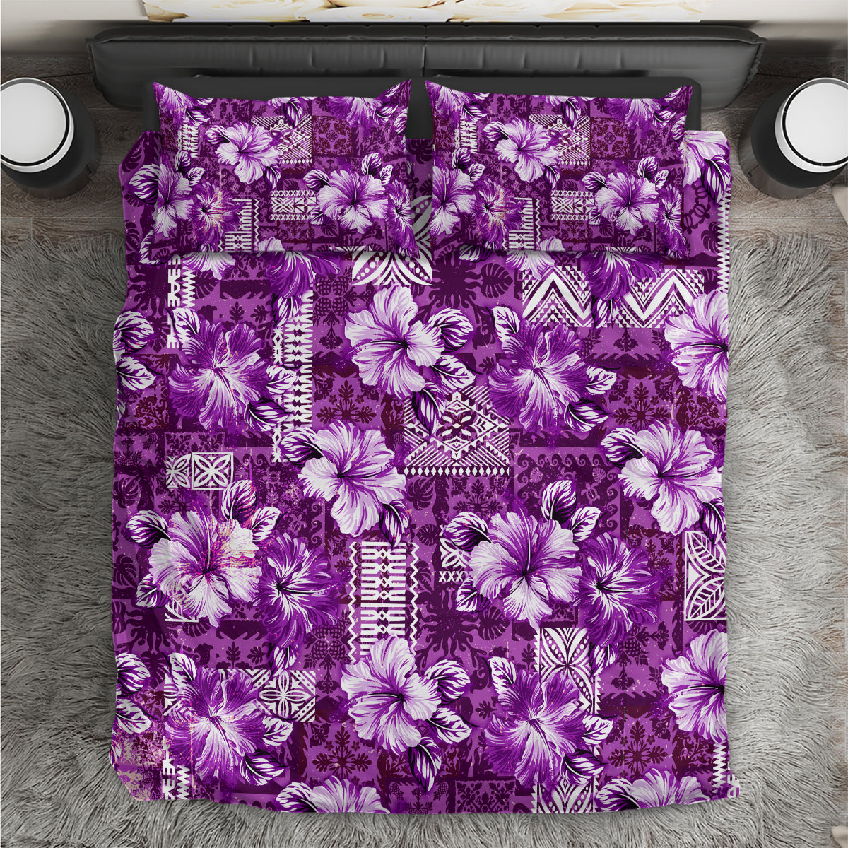 Hawaiian Quilt Pattern Bedding Set Hibiscus and Tribal Element Vintage Purple Vibe LT03 Purple - Polynesian Pride