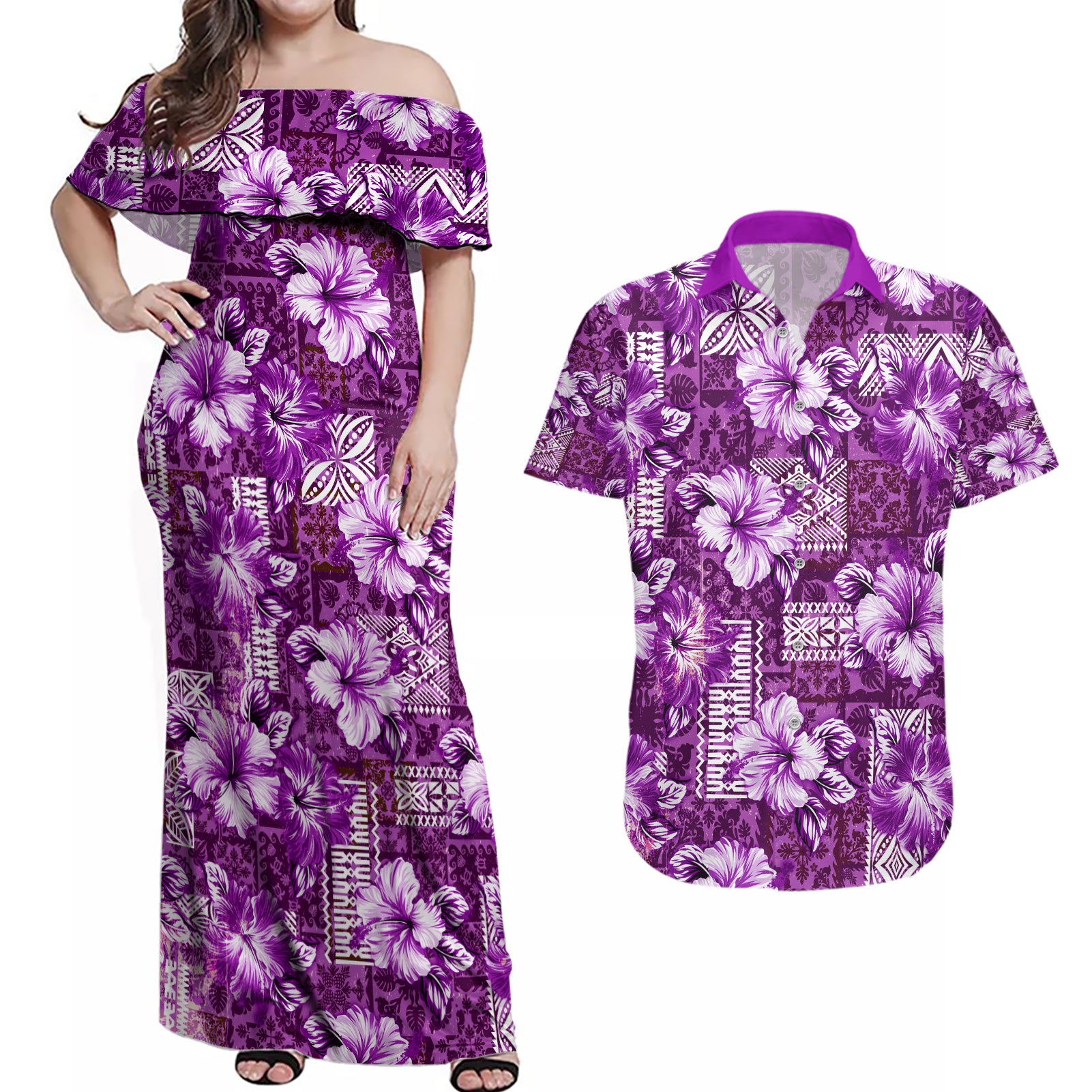 Hawaiian Quilt Pattern Couples Matching Off Shoulder Maxi Dress and Hawaiian Shirt Hibiscus and Tribal Element Vintage Purple Vibe LT03 Purple - Polynesian Pride