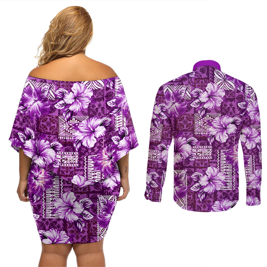 Hawaiian Quilt Pattern Couples Matching Off Shoulder Short Dress and Long Sleeve Button Shirt Hibiscus and Tribal Element Vintage Purple Vibe LT03 - Polynesian Pride