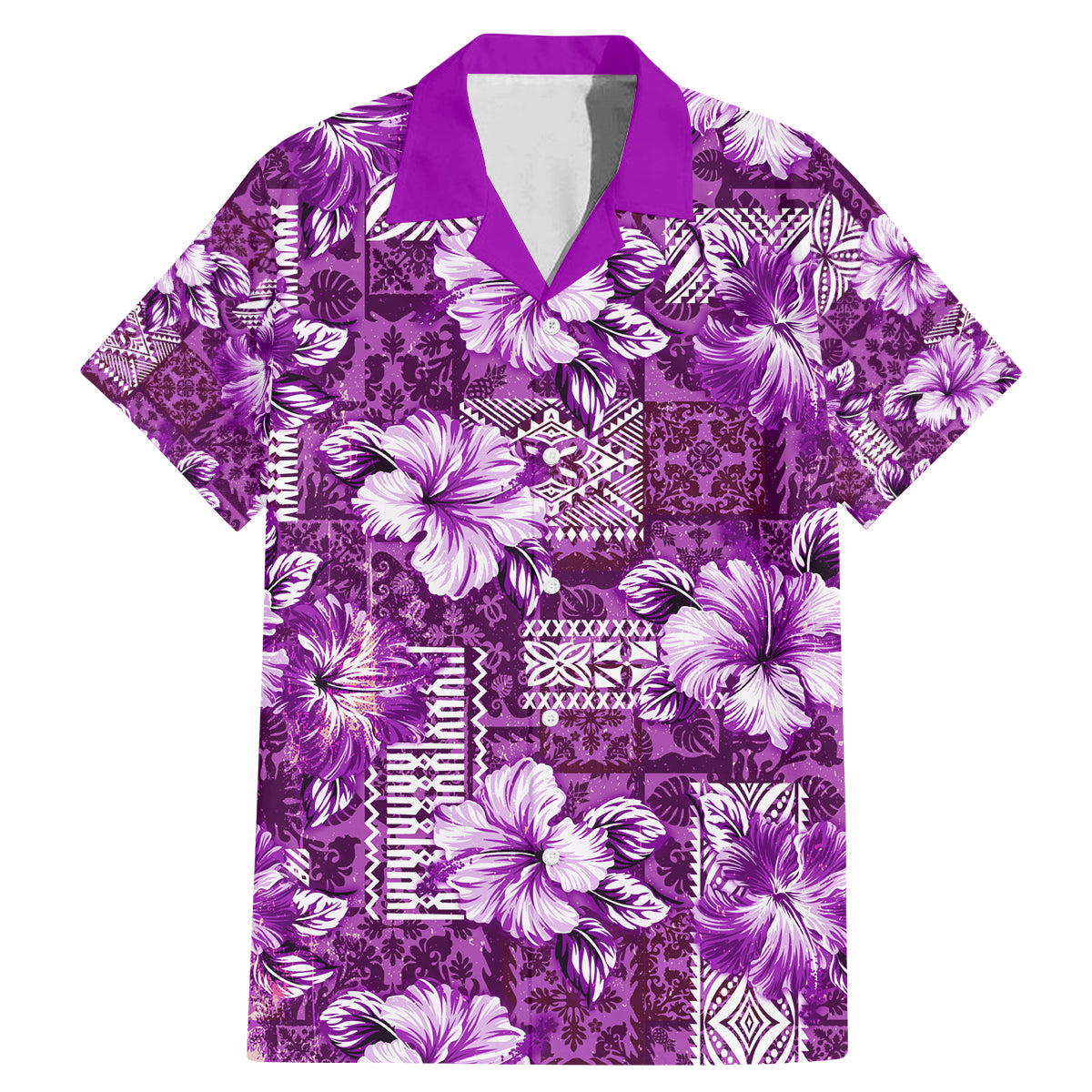 Hawaiian Quilt Pattern Family Matching Mermaid Dress and Hawaiian Shirt Hibiscus and Tribal Element Vintage Purple Vibe LT03 Dad's Shirt - Short Sleeve Purple - Polynesian Pride