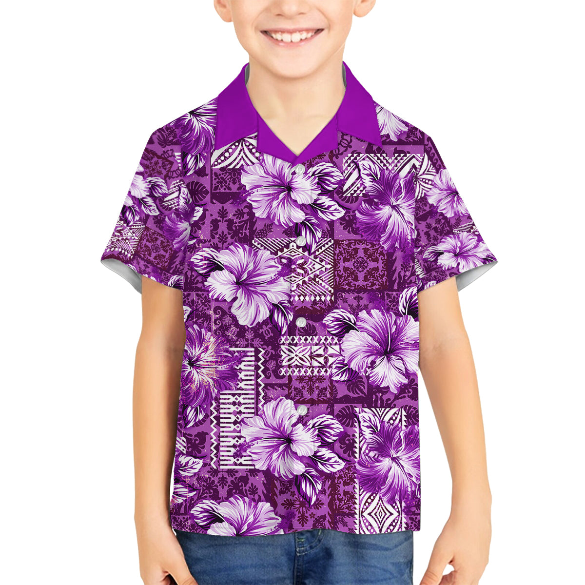 Hawaiian Quilt Pattern Family Matching Puletasi and Hawaiian Shirt Hibiscus and Tribal Element Vintage Purple Vibe LT03 Son's Shirt Purple - Polynesian Pride