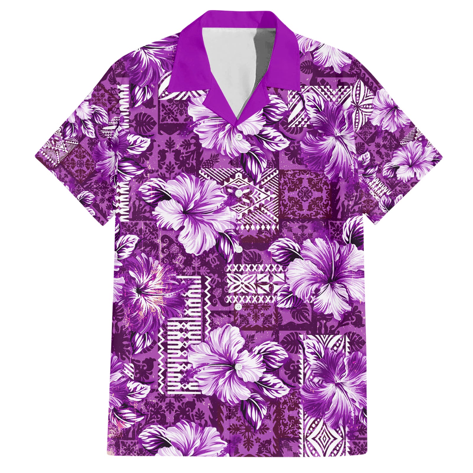 Hawaiian Quilt Pattern Hawaiian Shirt Hibiscus and Tribal Element Vintage Purple Vibe LT03 Purple - Polynesian Pride