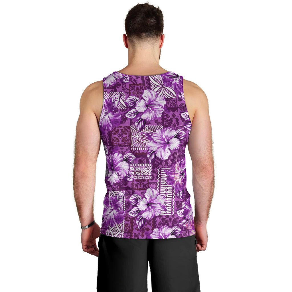 Hawaiian Quilt Pattern Men Tank Top Hibiscus and Tribal Element Vintage Purple Vibe LT03 - Polynesian Pride