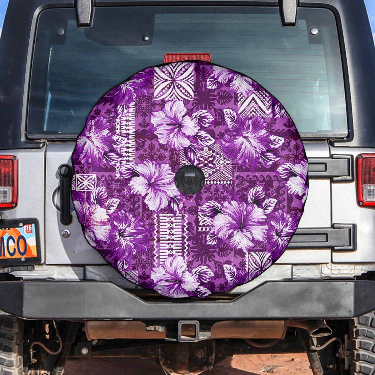 Hawaiian Quilt Pattern Spare Tire Cover Hibiscus and Tribal Element Vintage Purple Vibe LT03 Purple - Polynesian Pride