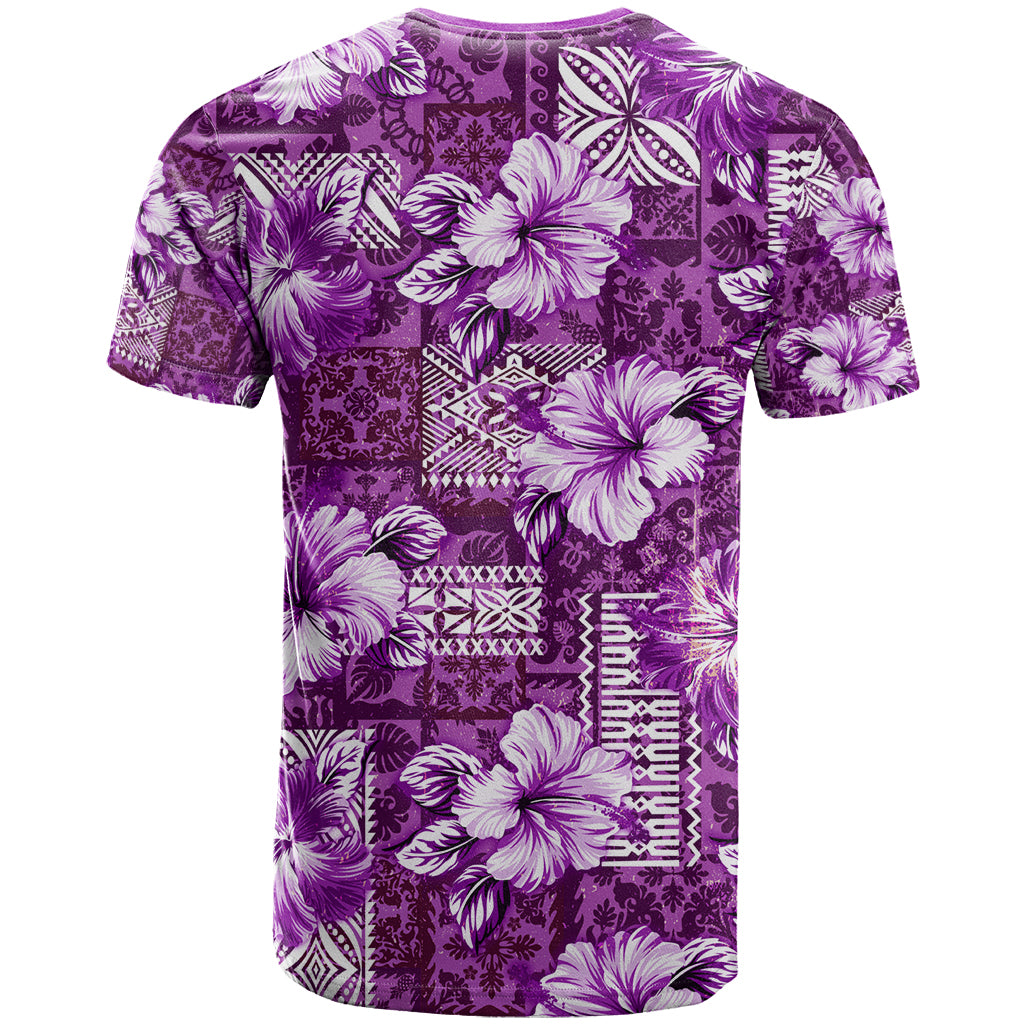 Hawaiian Quilt Pattern T Shirt Hibiscus and Tribal Element Vintage Purple Vibe LT03 - Polynesian Pride