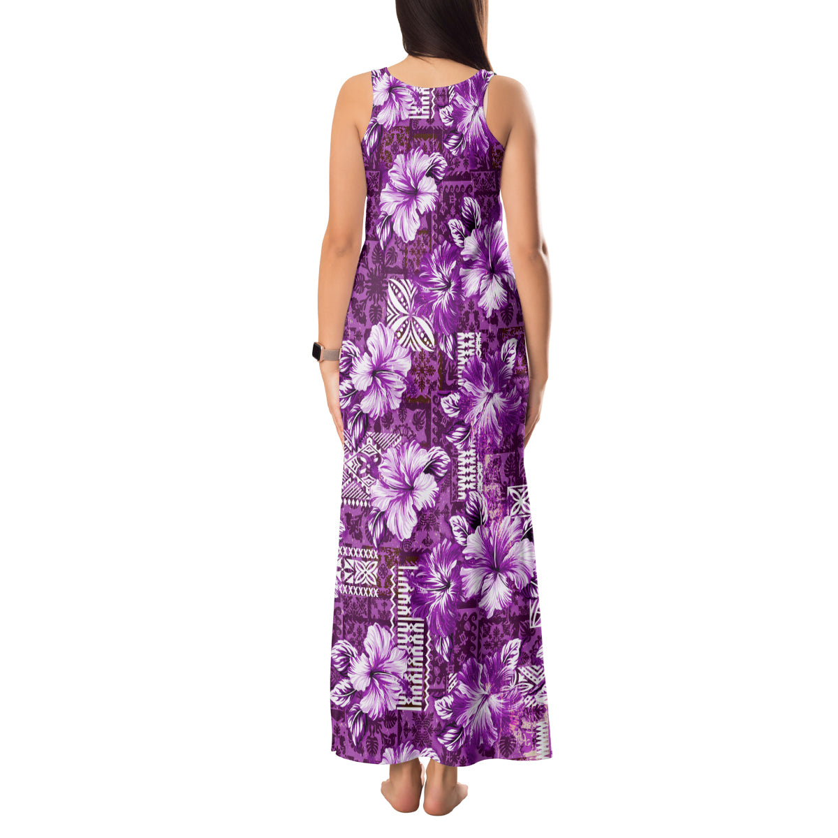 Hawaiian Quilt Pattern Tank Maxi Dress Hibiscus and Tribal Element Vintage Purple Vibe LT03 - Polynesian Pride