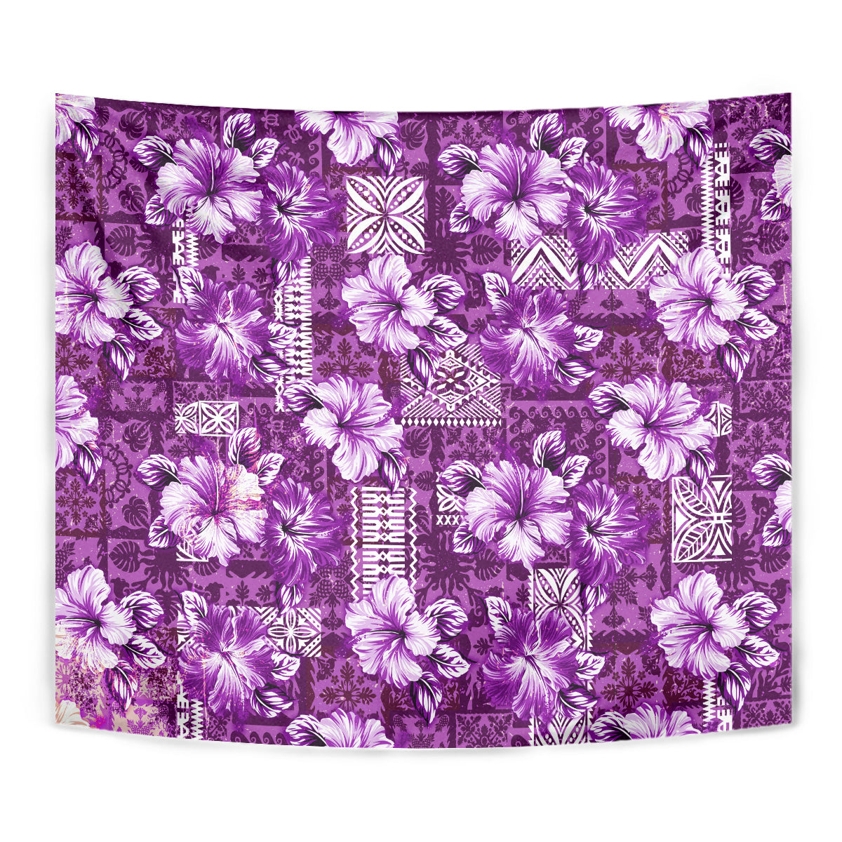 Hawaiian Quilt Pattern Tapestry Hibiscus and Tribal Element Vintage Purple Vibe LT03 - Polynesian Pride