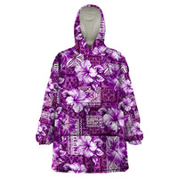 Hawaiian Quilt Pattern Wearable Blanket Hoodie Hibiscus and Tribal Element Vintage Purple Vibe LT03 One Size Purple - Polynesian Pride