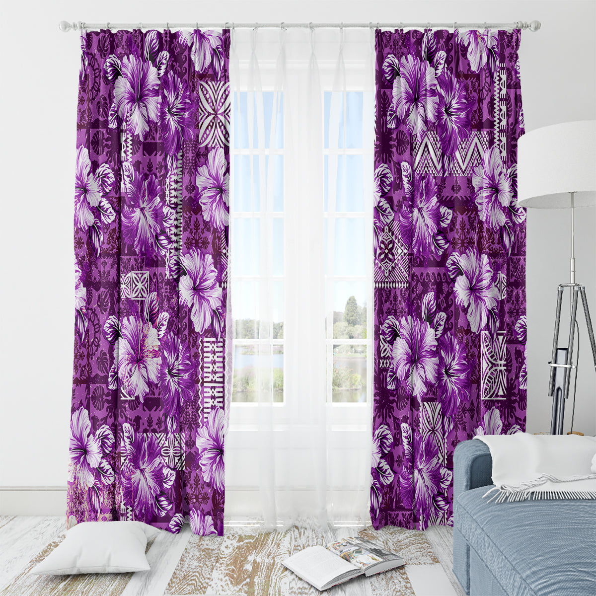 Hawaiian Quilt Pattern Window Curtain Hibiscus and Tribal Element Vintage Purple Vibe LT03 - Polynesian Pride