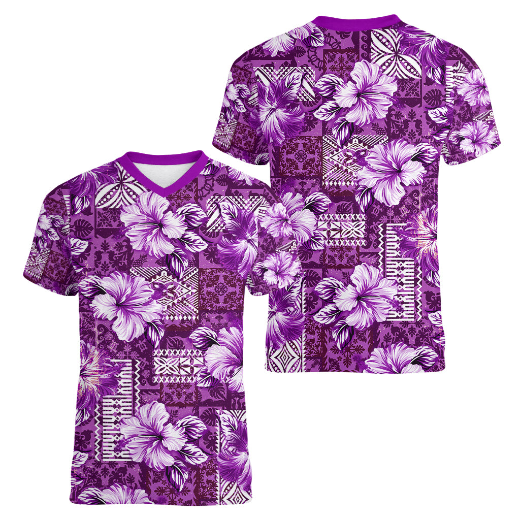 Hawaiian Quilt Pattern Women V Neck T Shirt Hibiscus and Tribal Element Vintage Purple Vibe LT03 - Polynesian Pride