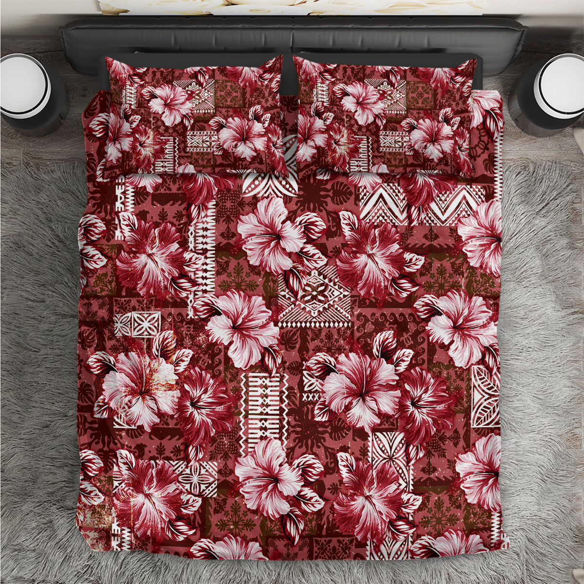 Hawaiian Quilt Pattern Bedding Set Hibiscus and Tribal Element Vintage Red Vibe LT03 Red - Polynesian Pride