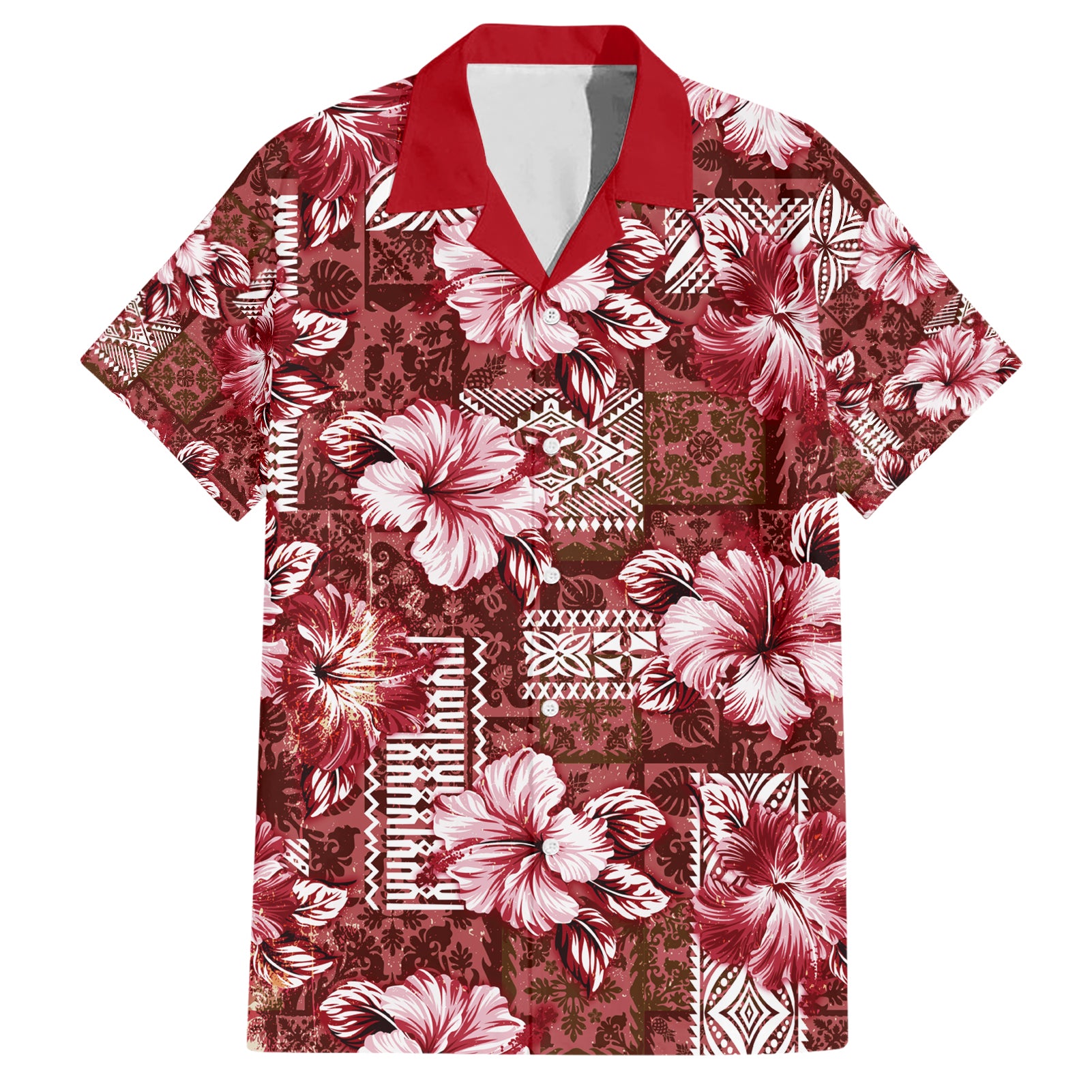 Hawaiian Quilt Pattern Hawaiian Shirt Hibiscus and Tribal Element Vintage Red Vibe LT03 Red - Polynesian Pride